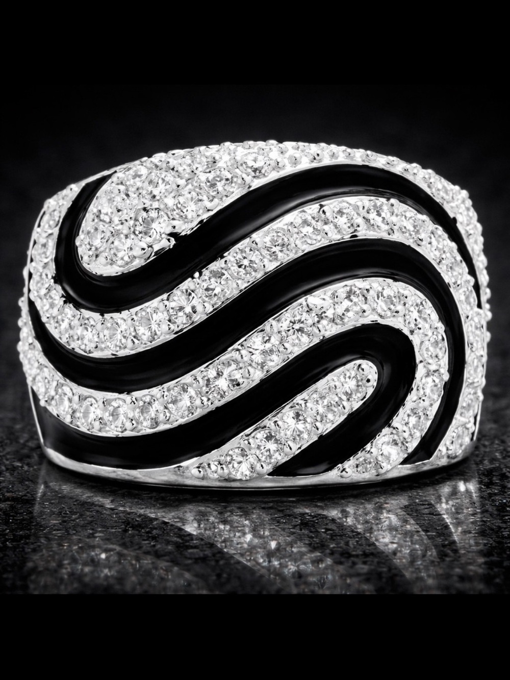 Black Enamel Pave Set Cz ladies zirconia  Cocktail statement Dome Ring Band New
